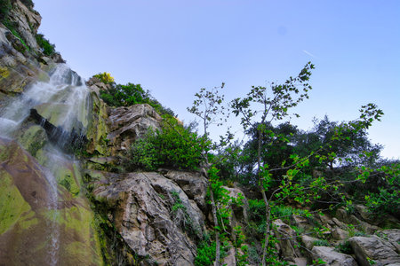 Waterfall in the forest with blue sky and white clouds background.の写真素材