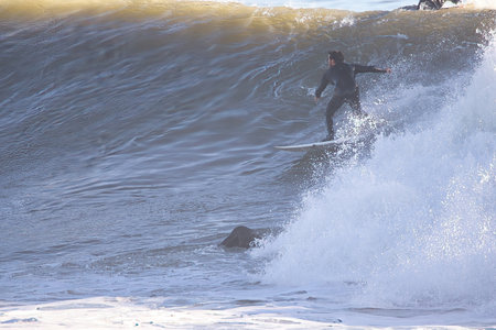 Surfer on the Surfboard at Sunset, Nazare, Portugalの写真素材