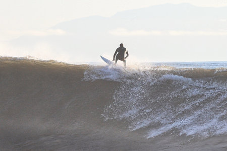 Surfer on the beach at sunset, Baja California, Mexico