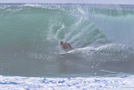 Surfer in action on the ocean wave on a sunny day.
