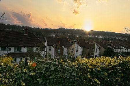Sunset over a village in the south of England, UK.の写真素材
