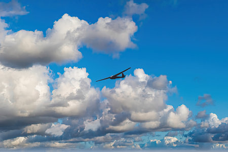 Flying airplane in the blue sky with white clouds. 3d rendering
