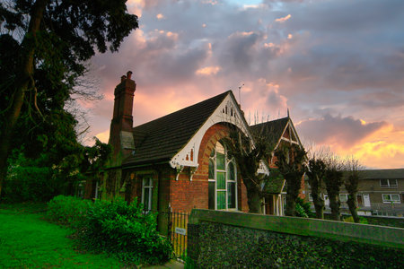 Old church at sunset in the countryside, Kent, England, UK