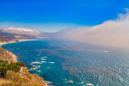 Panoramic view of the coastline of Santorini island, Greeceの写真素材