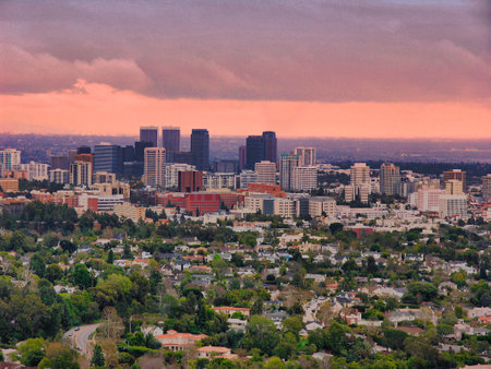 Sunset over the city of Los Angeles, California, USA.の写真素材