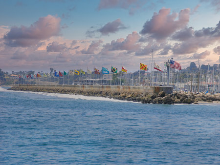San Diego pier with flags. San Diego is the largest city in California.の写真素材