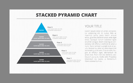 Editable template of stacked pyramid chart including five floors with title, subtitle and sample text, two-colored versionのイラスト素材