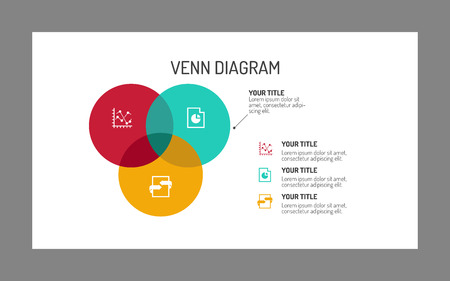 Editable template of three section Venn diagram, multicolored on white background, gray frameのイラスト素材