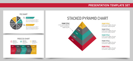 Set of vector infographic presentation templates with Stacked pyramid chart, Pie chart and Process chart in red, green, yellow and grey colors on white backgroundのイラスト素材