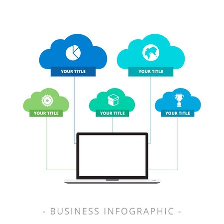 Editable infographic template of vertical tree diagram including computer monitor as root and clouds with icons and titles as levelのイラスト素材