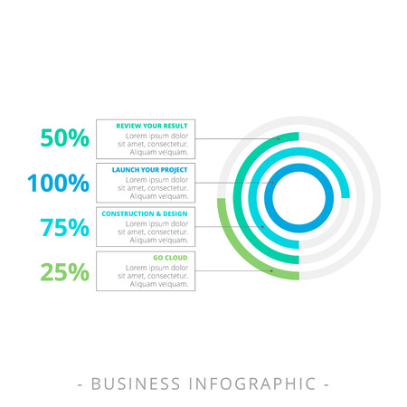 Editable set of four doughnut chart with percent marks, titles and sample text, multicolored versionのイラスト素材