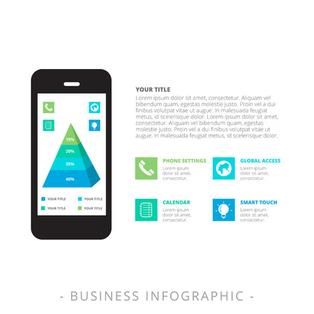 Editable infographic template representing stacked four level pyramid chart on screen of mobile phone, multicolored versionのイラスト素材