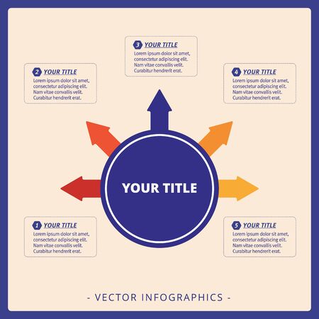 Editable infographic template of arrow diagram including five arrows, titles and sample text, multicolored versionのイラスト素材