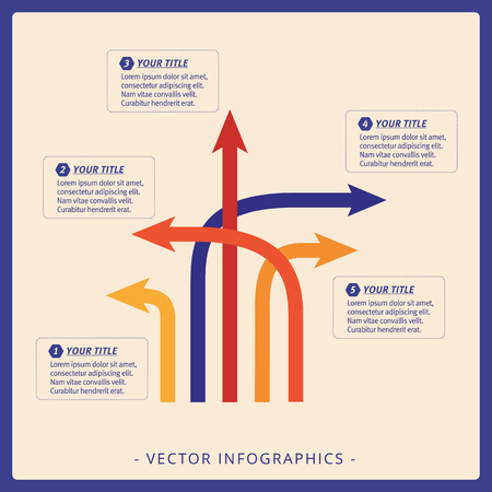 Template of arrow diagram including five arrows with different directions. Every arrow has number, title and sample textのイラスト素材