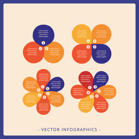 Editable infographic template petal diagram set with 3, 4, 5, 6 options, multicolored versionのイラスト素材