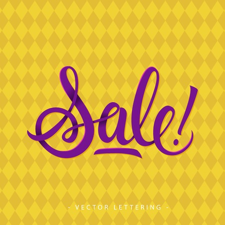 Violet sale inscription with exclamation mark isolated on yellow background with rhombsのイラスト素材