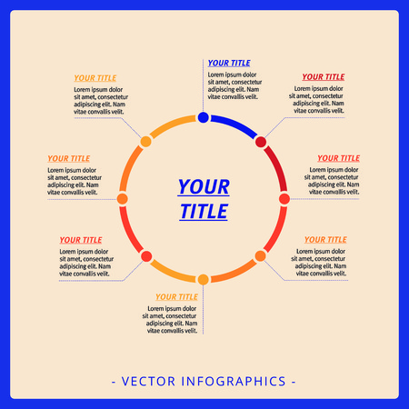 Editable infographic template of process chart with titles and sample text, multicolored versionのイラスト素材