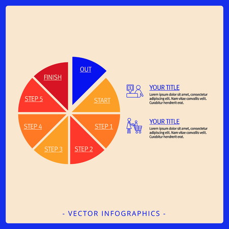Editable template of pie chart with start and finish slices and five steps, multicolored versionのイラスト素材
