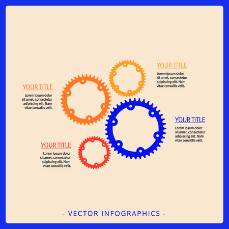 Editable template of process chart representing four gear wheels with tiles and sample text, multicolored versionのイラスト素材