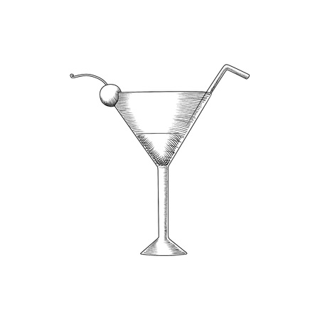 Engraving vector illustration of cocktail glass with olive and soda straw isolated on white backgroundのイラスト素材