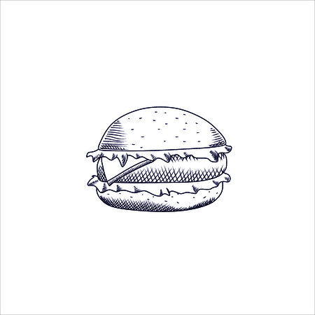 Engraving vector illustration of big hamburger on white backgroundのイラスト素材