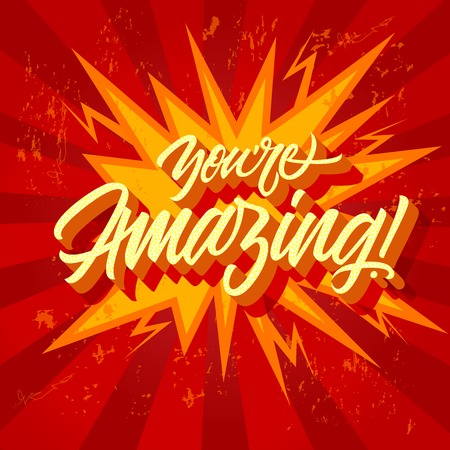 You are amazing inscription with exclamation mark isolated on background with burst red and yellow fireのイラスト素材