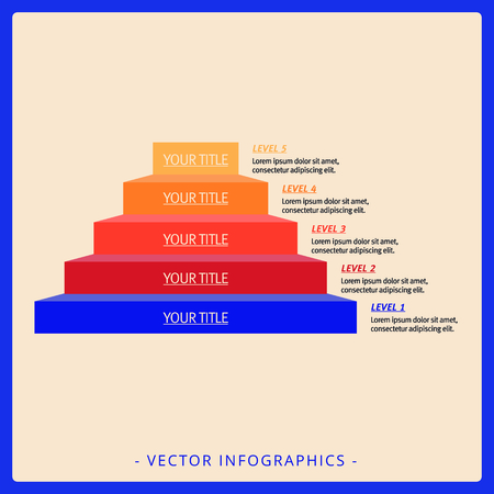 Editable infographic template of stacked pyramid chart with five levels, titles and sample text, multicolored versionのイラスト素材