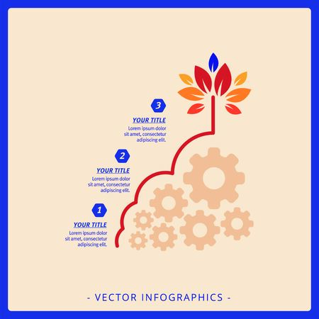 Editable template of vertical tree chart with three stages, titles, sample text and gear wheels, multicolored versionのイラスト素材