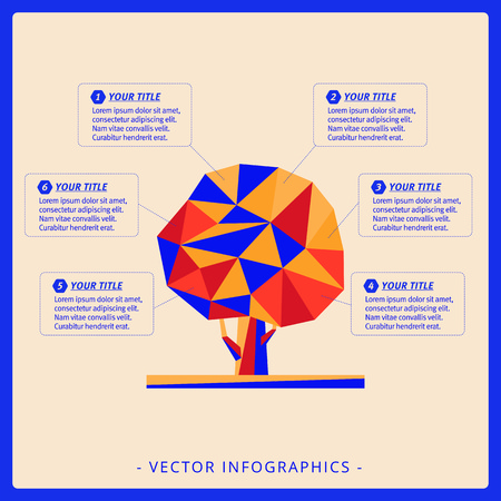 Editable infographic template of tree silhouette diagram with titles and sample texts, multicolored versionのイラスト素材