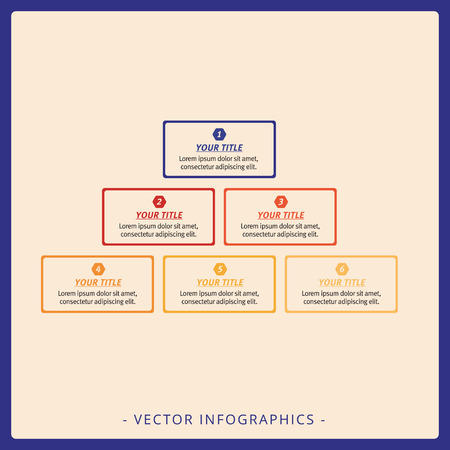 Editable template of stacked pyramid chart with six blocks, titles and sample text, multicolored versionのイラスト素材