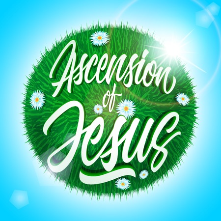 White ascension of Jesus inscription on green grass ball with flowers isolated on light blue backgroundのイラスト素材