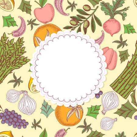 Seamless pattern with hand drawing vector illustrations of fruit and vegetables and frame in form of napkinのイラスト素材