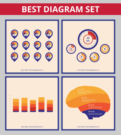 Business diagram set. Templates for speedometer diagram, bar chart and brain silhouette diagramのイラスト素材