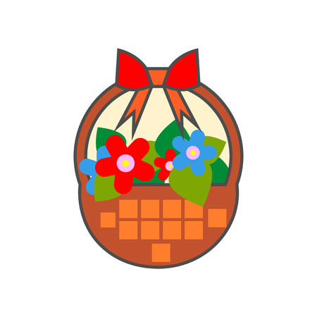 Flower basket vector icon. Colored line illustration of basket with flowers decorated with red bowのイラスト素材