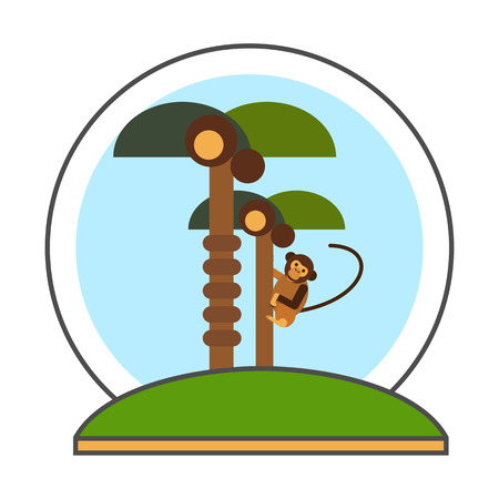Coconut palms with monkey vector icon. Colored line icon of two coconut palm trees and monkey climbing treeのイラスト素材