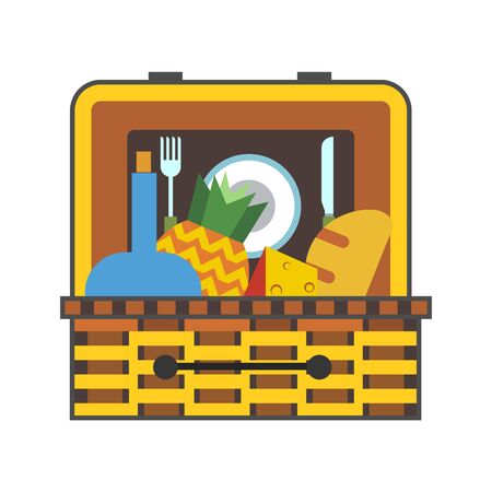 Picnic basket vector icon. Colored line icon of basket with food for picnicのイラスト素材