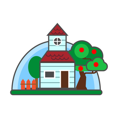 Summer cottage vector icon. Colored line icon of house with garden and orchard in summer seasonのイラスト素材