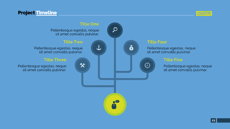 Editable presentation slide template of mind map with one level and five branches represented by five branches of tree with circles on their ends, sample text, titles, multicolored versionのイラスト素材