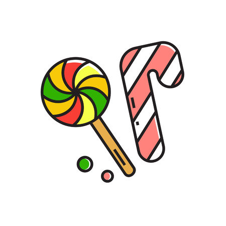 Illustration of candy cane and lollipop. Sweets, food, holiday. Food concept. Can be used for topics like food, Christmas, sweetsのイラスト素材