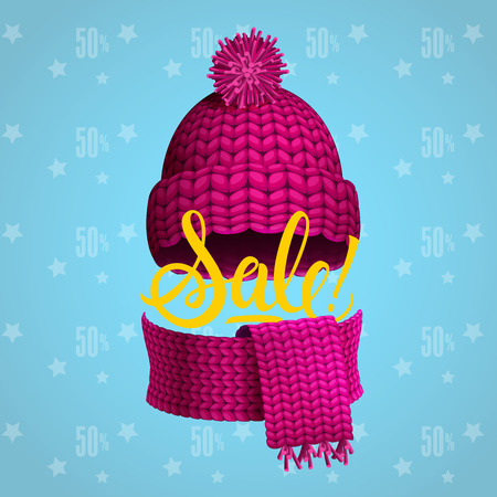 Sale lettering with winter cap and scarf. Handwritten text, calligraphy. For posters, banners, leaflets and brochure.のイラスト素材