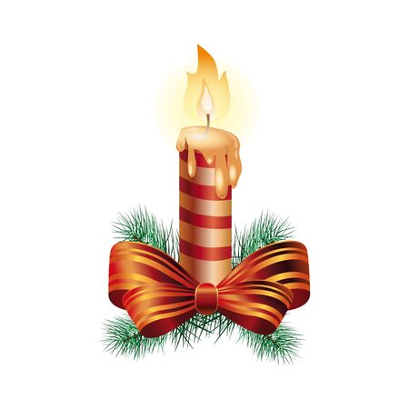 Realistic burning striped candle with bow and fir tree branch. Christmas design element. For greeting cards, posters, leaflets and brochures.のイラスト素材