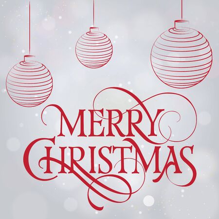 Merry Christmas lettering. Red Merry Christmas inscription with Christmas balls on abstract background. Calligraphy can be used for postcard, invitation card, festive design, poster, bannerのイラスト素材