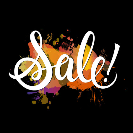 Sale lettering. White sale autumn inscription with exclamation mark on black background with water-color spot. Handwritten text can be used for postcard, flier, bannerのイラスト素材