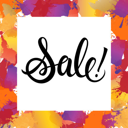 Sale lettering in white square with colorful paint blots border. Handwritten text, calligraphy. For posters, banners, leaflets and brochures.のイラスト素材