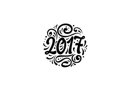 2017 lettering with ornament. New Year Day design element. Handwritten text, calligraphy. For greeting cards, posters, leaflets and brochure.のイラスト素材