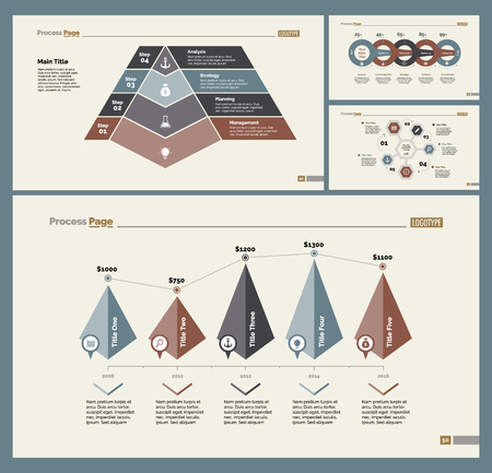 Infographic design set can be used for workflow layout, diagram, annual report, presentation, web design. Business and analytics concept with process, bar and percentage charts.のイラスト素材