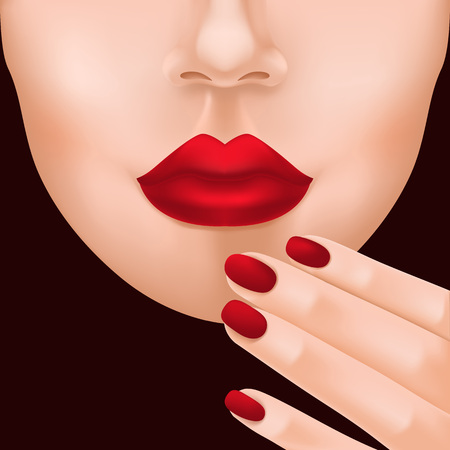 Illustration of lower woman face and fingers with red nails. Lipstick, nail polish, manicure. Beauty treatment concept. Can be used for topics like beautician, beauty salon, cosmetics.のイラスト素材