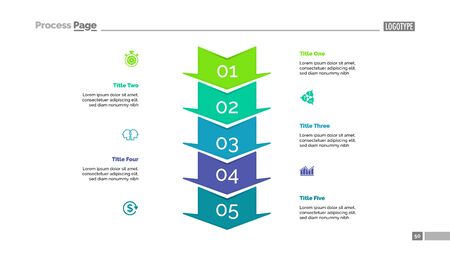 Five arrows process chart slide template. Business data. Step, diagram, design. Creative concept for infographic, presentation, report. Can be used for topics like management, finance, strategy.の写真素材