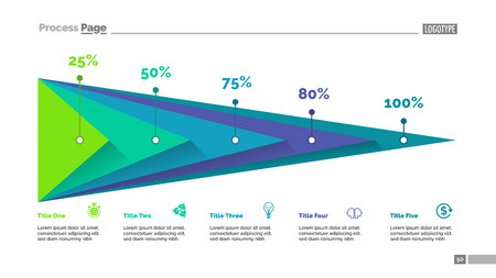 Five triangles percentage chart slide template. Business data. Percent, stage, design. Creative concept for infographic, presentation, report. For topics like finance, analytics, statistics.のイラスト素材