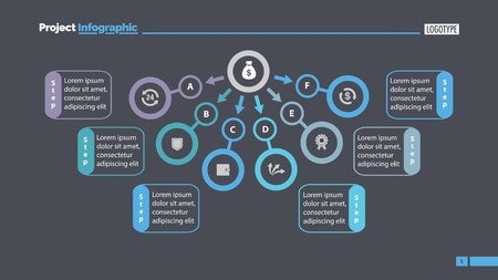 Six step process chart design. Element of chart, diagram, infographic. Concept for presentation, annual report, slide template. Can be used for topics like business, finance, moneyのイラスト素材
